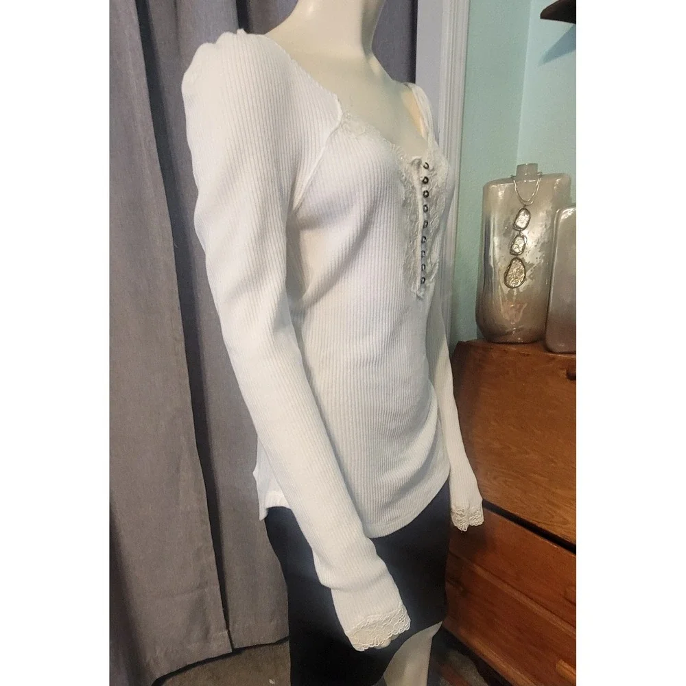 Free People To The West Lace‎ Long Sleeve Ribbed Henley Ivory Bella Babydoll L